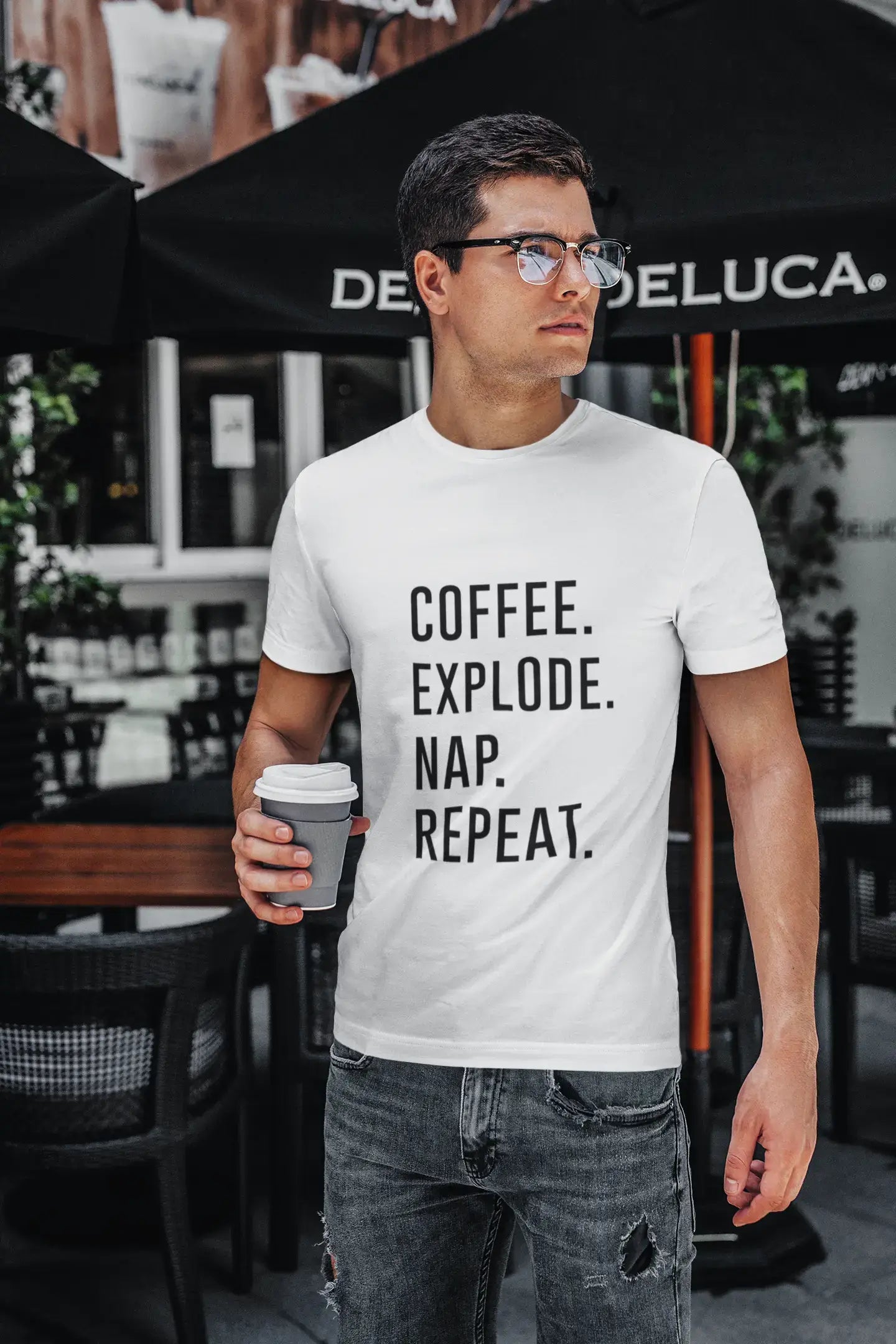 COFFEE EXPLODE NAP REPEAT Men's Short Sleeve Round Neck T-shirt 00058