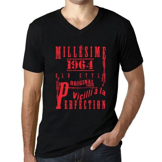 Men's Graphic T-Shirt V Neck Vintage Aged to Perfection 1964 – Millésime Vieilli à la Perfection 1964 – 60th Birthday Anniversary 60 Year Old Gift 1964 Vintage Eco-Friendly Short Sleeve Novelty Tee