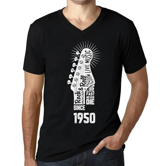 Men's Graphic T-Shirt V Neck Live Fast, Never Die Guitar and Rock & Roll Since 1950 74th Birthday Anniversary 74 Year Old Gift 1950 Vintage Eco-Friendly Short Sleeve Novelty Tee