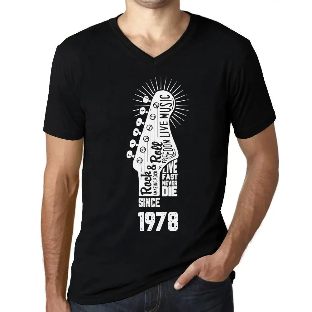 Men's Graphic T-Shirt V Neck Live Fast, Never Die Guitar and Rock & Roll Since 1978 46th Birthday Anniversary 46 Year Old Gift 1978 Vintage Eco-Friendly Short Sleeve Novelty Tee