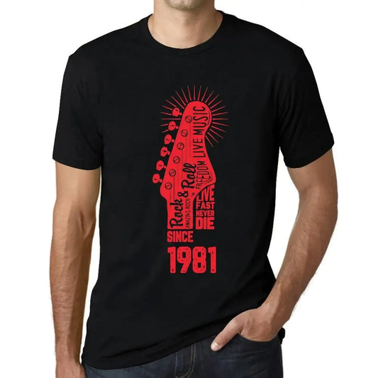 Men's Graphic T-Shirt Live Fast, Never Die Guitar and Rock & Roll Since 1981 43rd Birthday Anniversary 43 Year Old Gift 1981 Vintage Eco-Friendly Short Sleeve Novelty Tee