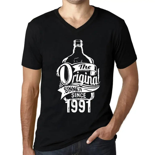 Men's Graphic T-Shirt V Neck The Original Sinner Since 1991 33rd Birthday Anniversary 33 Year Old Gift 1991 Vintage Eco-Friendly Short Sleeve Novelty Tee