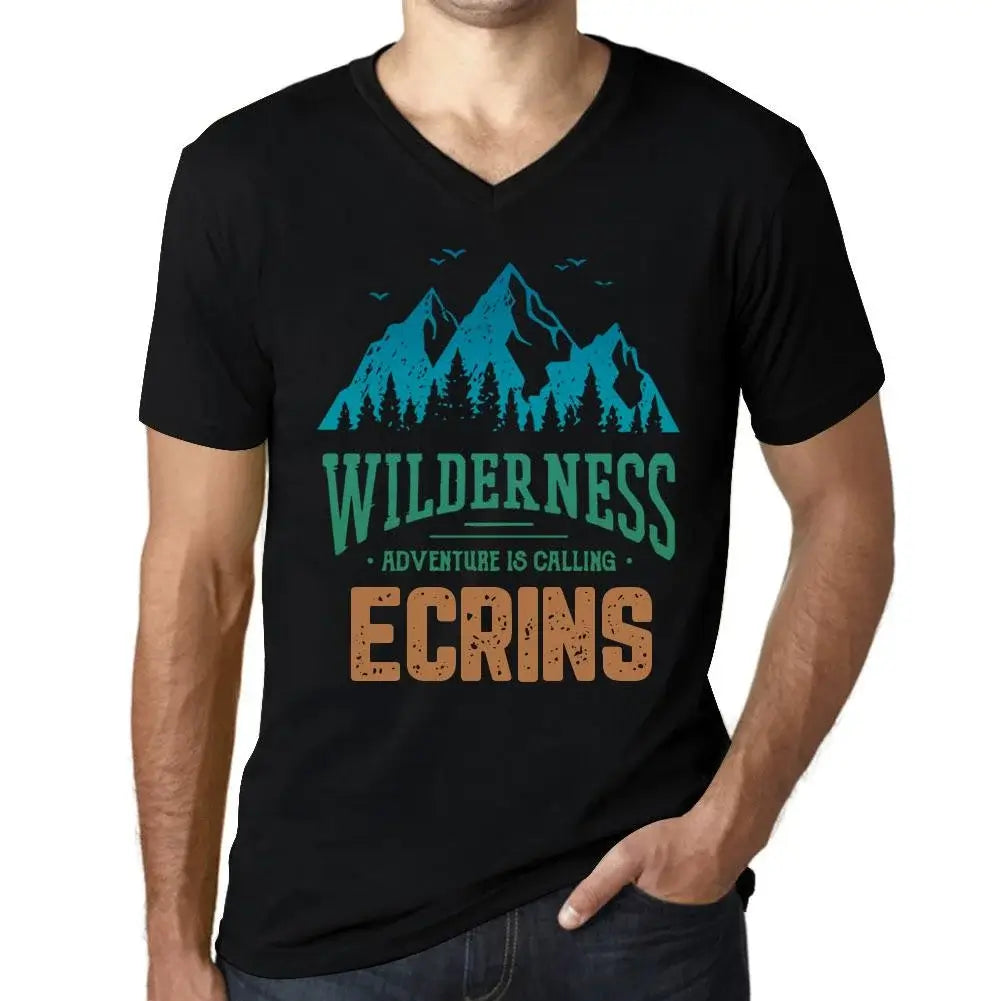 Men's Graphic T-Shirt V Neck Wilderness, Adventure Is Calling Ecrins Eco-Friendly Limited Edition Short Sleeve Tee-Shirt Vintage Birthday Gift Novelty