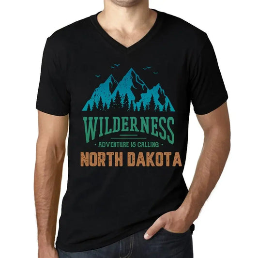 Men's Graphic T-Shirt V Neck Wilderness, Adventure Is Calling North Dakota Eco-Friendly Limited Edition Short Sleeve Tee-Shirt Vintage Birthday Gift Novelty