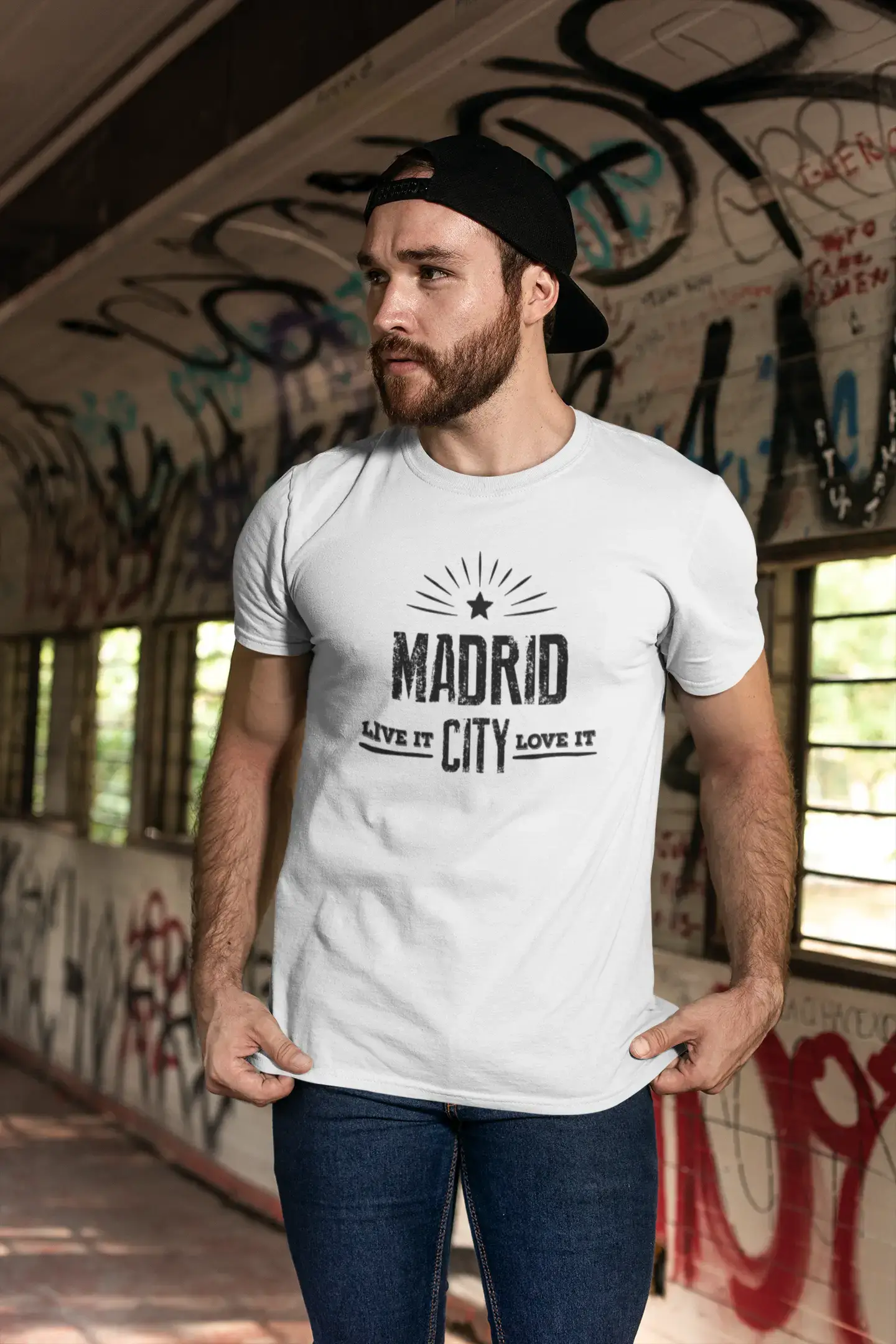 Men's Vintage Tee Shirt Graphic T shirt Live It Love It MADRID White Round Neck