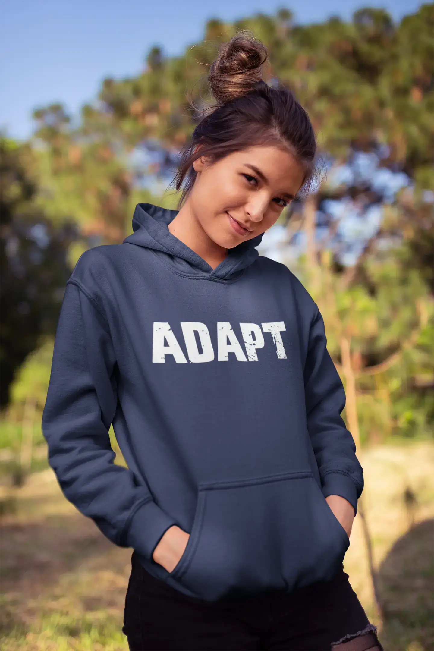 Unisex Printed Graphic Cotton Hoodie Popular Words ADAPT French Navy