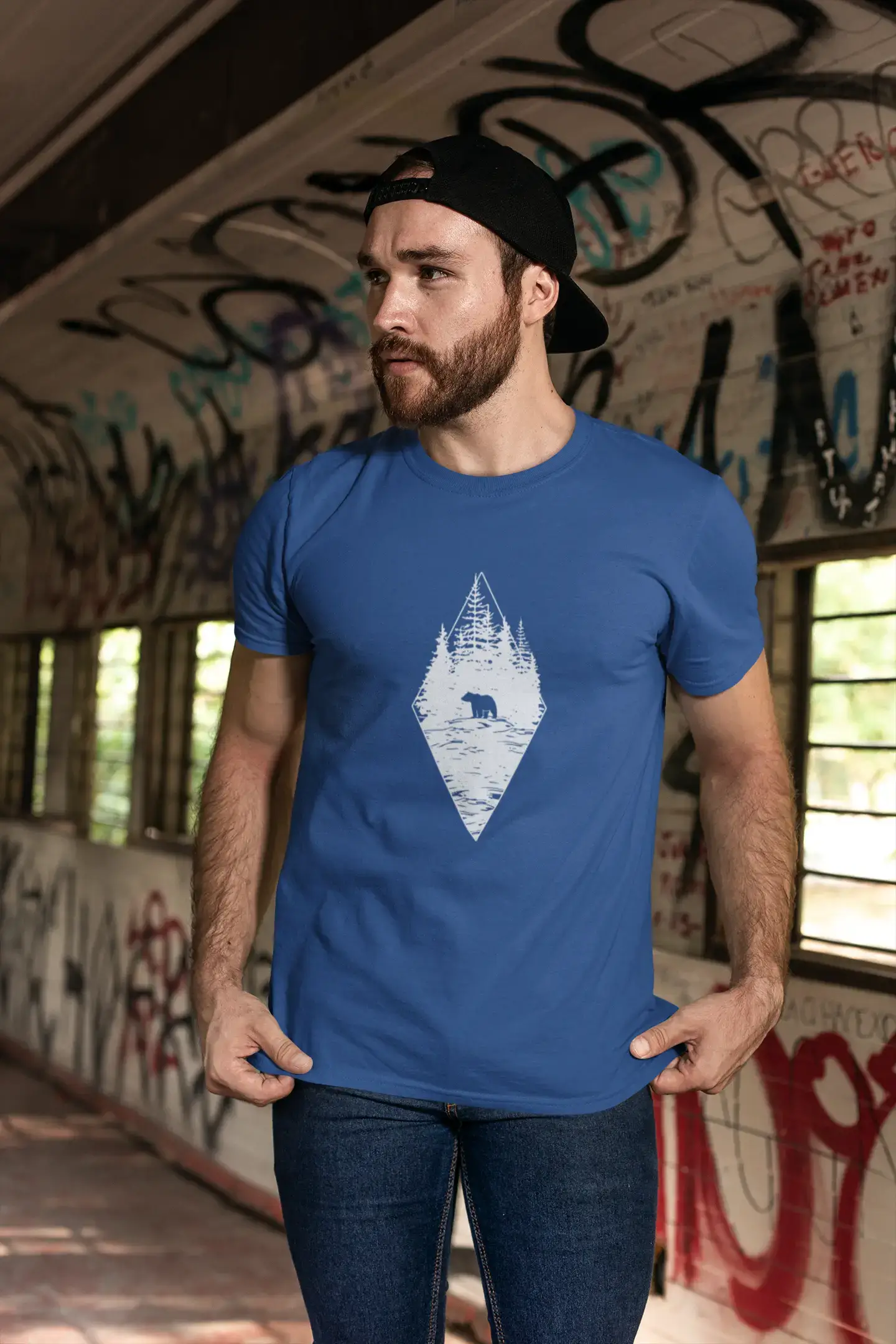 ULTRABASIC - Graphic Printed Men's Forest Bear T-Shirt Royal Blue
