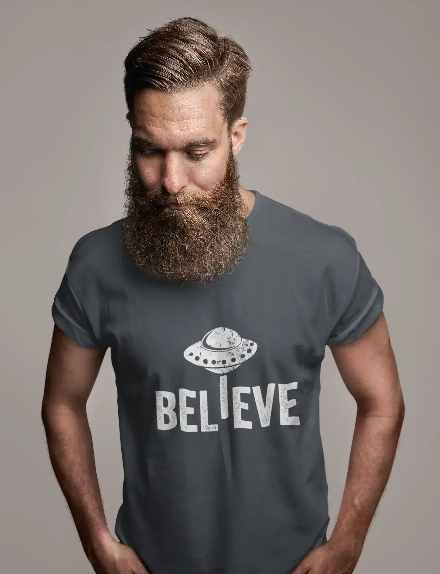 ULTRABASIC - Graphic Men's Believe UFO Alien T-Shirt Funny Casual Letter Print Tee White