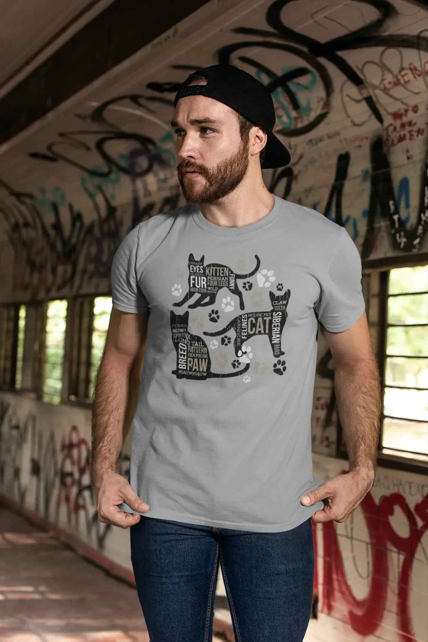 ULTRABASIC Men's Graphic T-Shirt 3 Cats Paw - Funny Kitten Shirt for Men