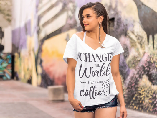 ULTRABASIC Women's T-Shirt Change the World Start With Coffee - Short Sleeve Tee Shirt Tops