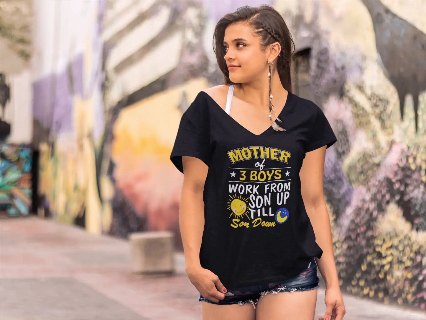 ULTRABASIC Women's Novelty T-Shirt Mother of 3 Boys - Funny Short Sleeve Tee Shirt Tops