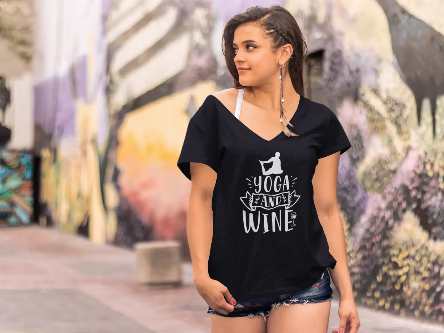 ULTRABASIC Women's T-Shirt Yoga and Wine - Funny Tee Shirt