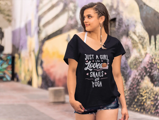 ULTRABASIC Women's V-Neck T-Shirt Just a Girl Who Loves Snails and Yoga - Funny Meditation Gift Tee Shirt