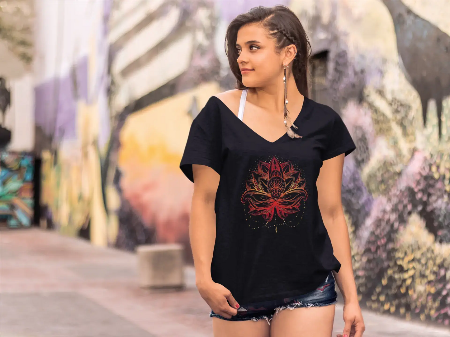 ULTRABASIC Women's V-Neck T-Shirt Lotus Flower Fire - Spiritual Meditation Yoga Gift Tee Shirt