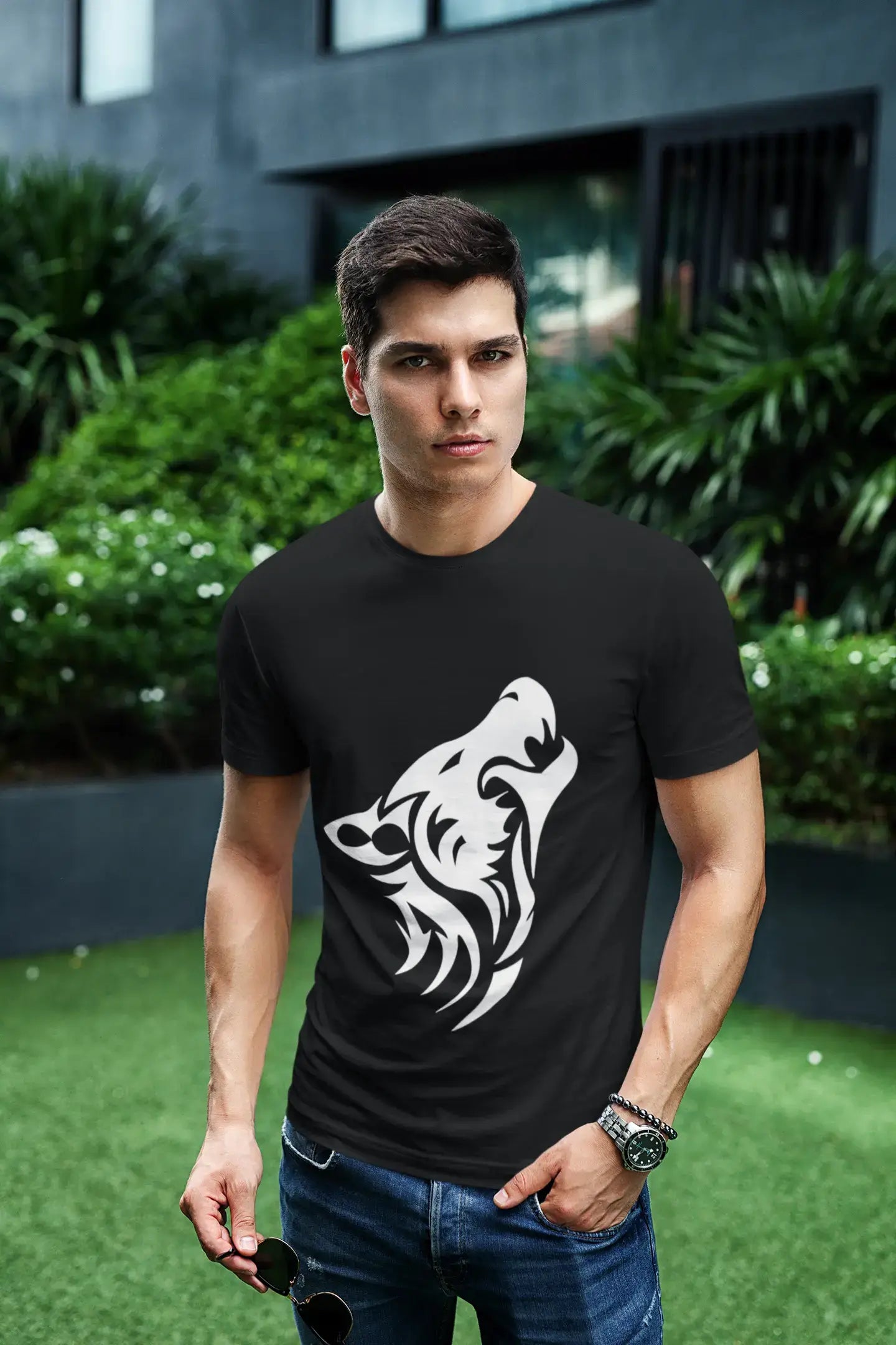 Wolf Tribal Tattoo Black, Gift T shirt, Men's tee, Black Round Neck 00166