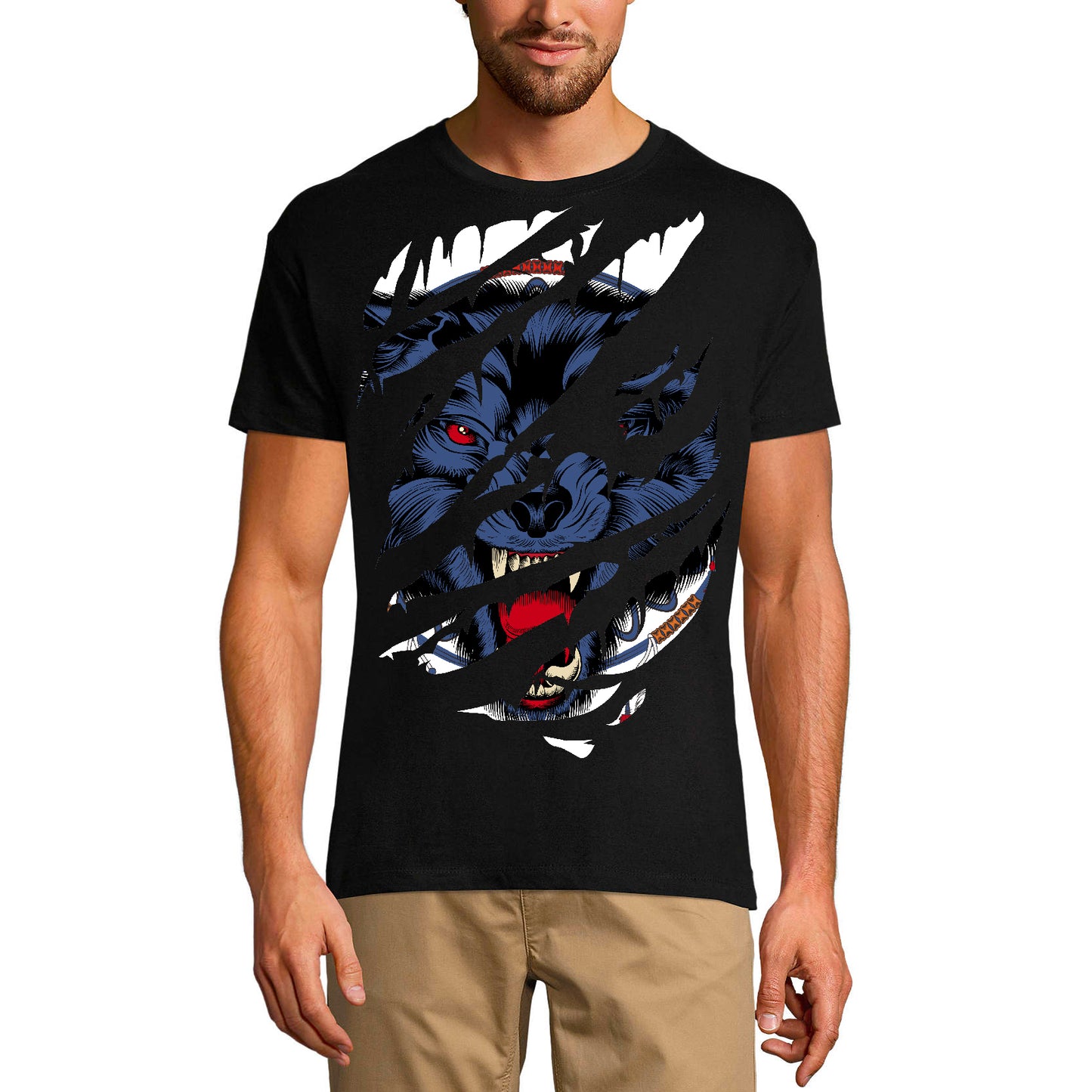ULTRABASIC Men's Torn T-Shirt Scary Mad Wolf - Vintage Shirt for Men