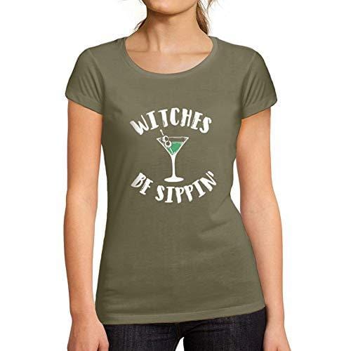 Ultrabasic - Tee-Shirt Femme Manches Courtes Witches Be Sippin Halloween Lettre T-Shirt imprimé Kaki
