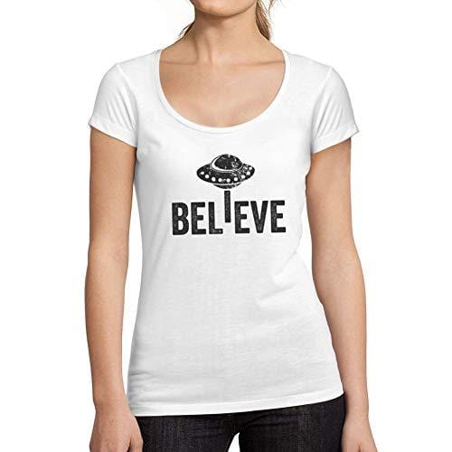Ultrabasic - Tee-Shirt Femme col Rond Décolleté Believe UFO Alien Blanc