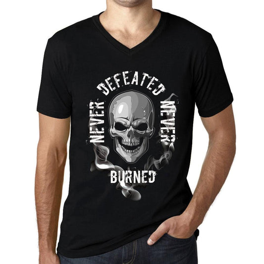 Men&rsquo;s Graphic V-Neck T-Shirt Never Defeated, Never BURNED Deep Black - Ultrabasic