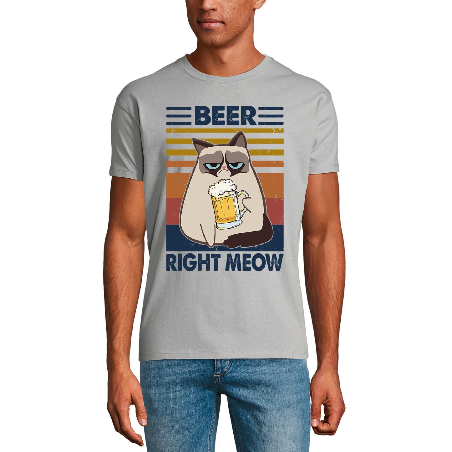ULTRABASIC Men's T-Shirt Beer Right Meow - Retro Sunset Cat Kitten Tee Shirt