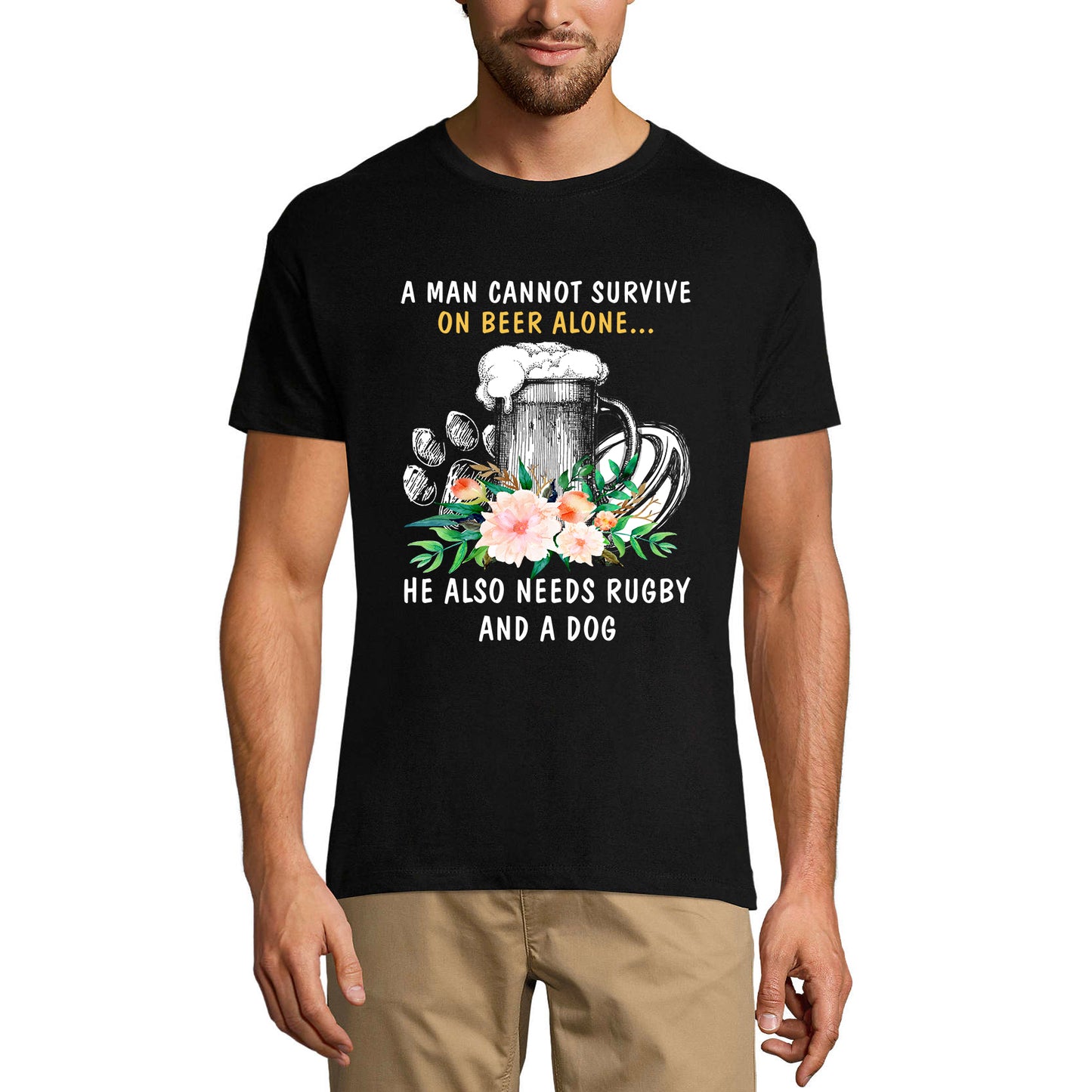 ULTRABASIC Men's T-Shirt Man Cannot Survive on Beer Alone He Also Needs Rugby and Dog - Saying Beer Lover Tee Shirt
