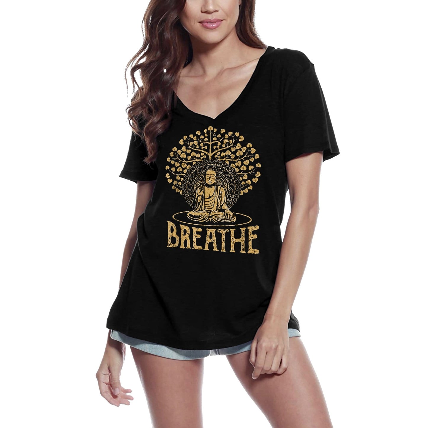 ULTRABASIC Women's V-Neck T-Shirt Breathe Buddha Yoga - Spiritual Meditation Tee Shirt