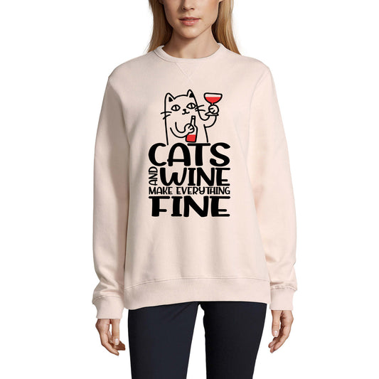 ULTRABASIC Women's Funny Sweatshirt Cats and Wine Make Everything Fine - Cute Kitty Sweater for Ladies