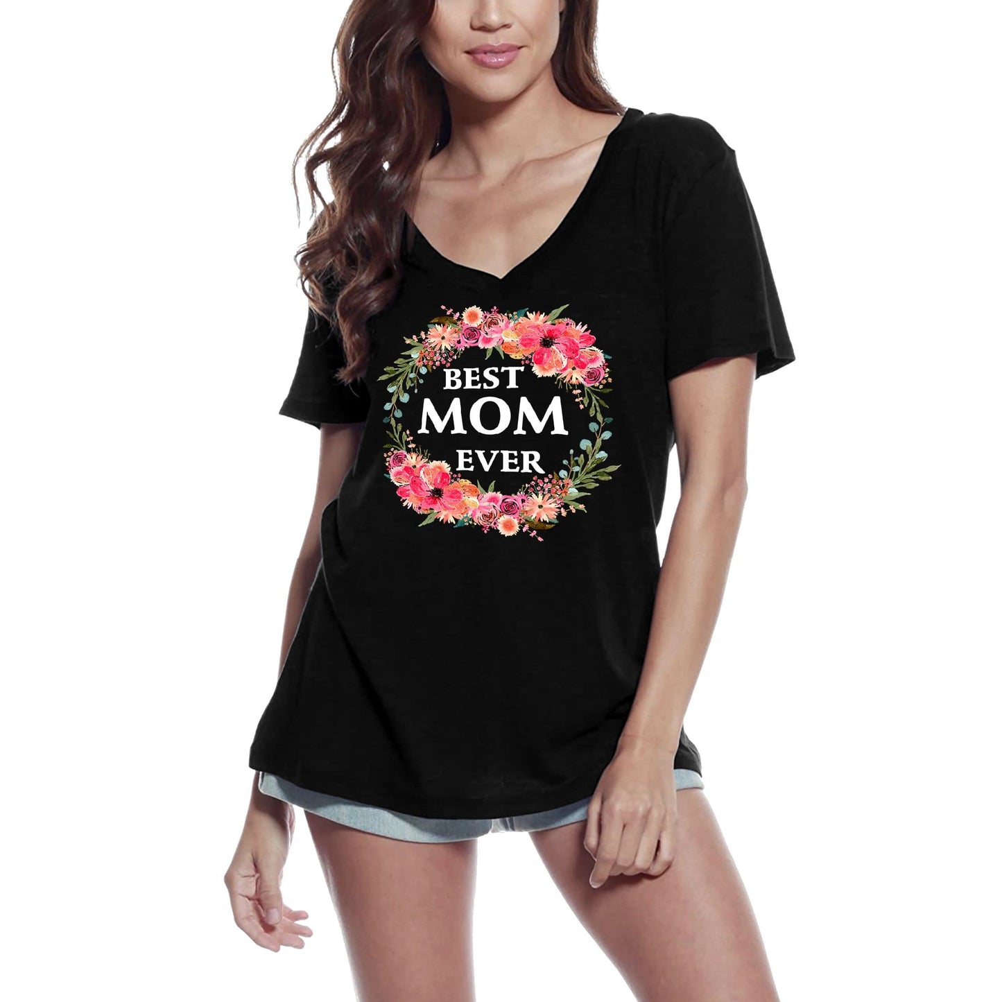 ULTRABASIC Women's V-Neck T-Shirt Best Mom Ever - Funny Mother Tee Shirt for Ladies