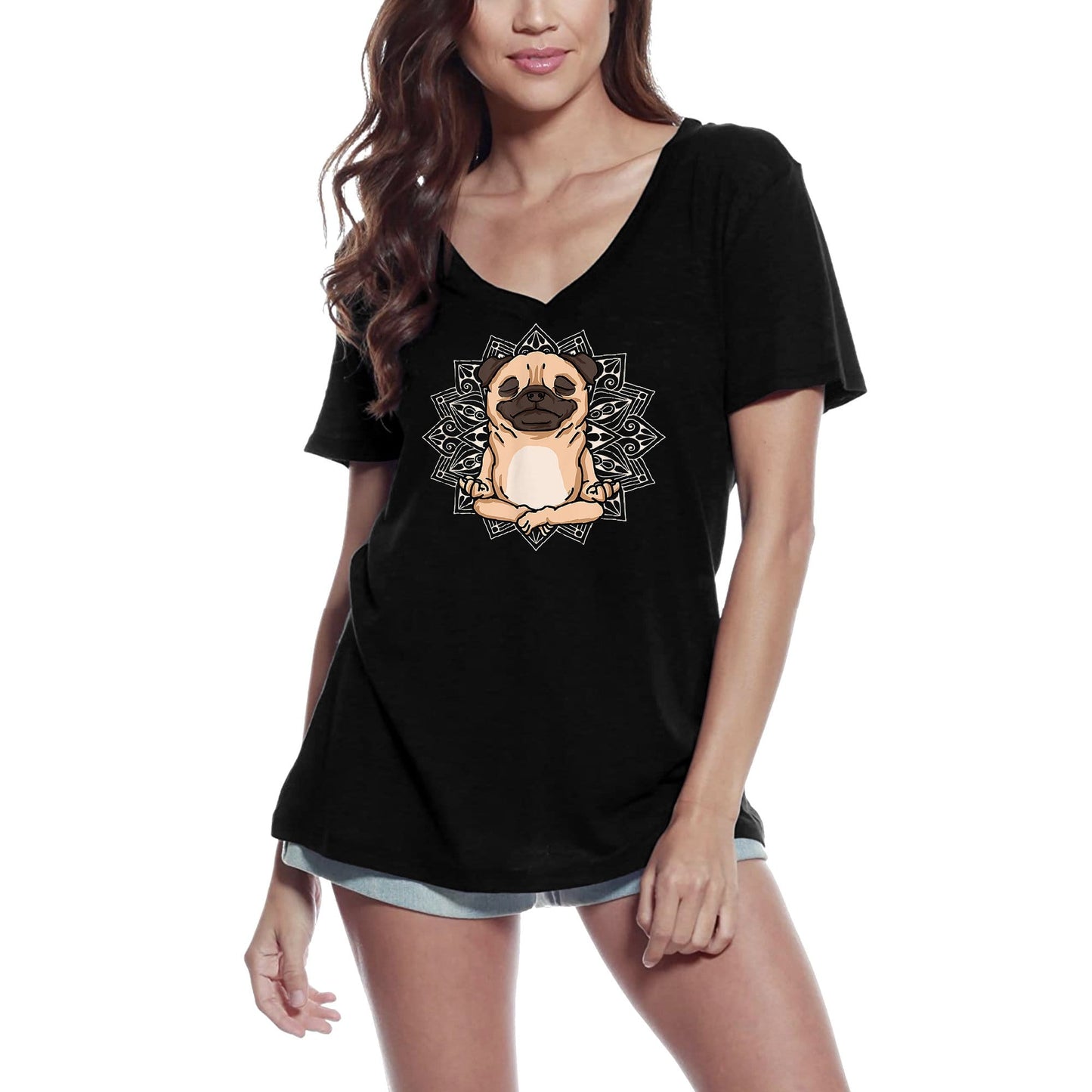 ULTRABASIC Women's V-Neck T-Shirt Yoga Pug Dog - Funny Spiritual Meditation Tee Shirt