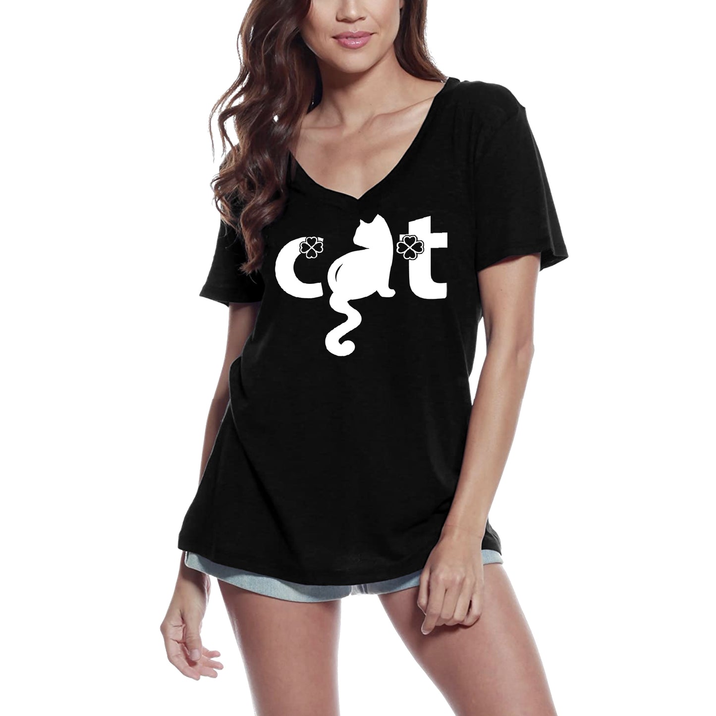 ULTRABASIC Women's T-Shirt Lucky Cat Shamrock - Funny Kitten Shirt for Cat Lovers