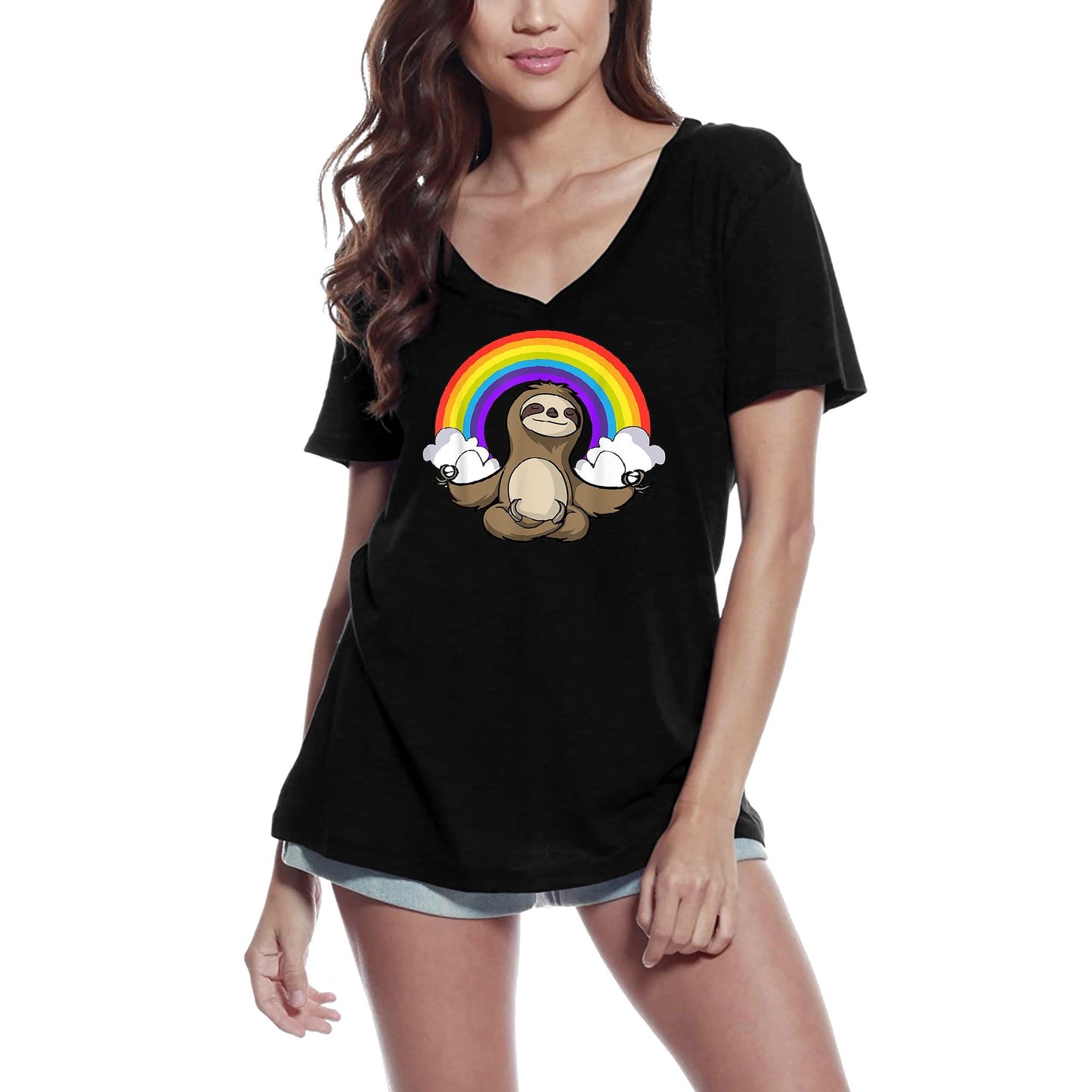 ULTRABASIC Women's V-Neck T-Shirt Funny Sloth Yoga Rainbow Meditation Tee Shirt