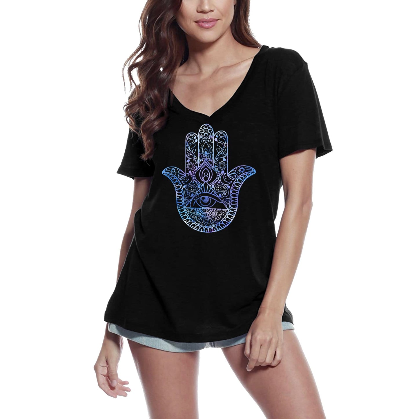 ULTRABASIC Women's V-Neck T-Shirt Hamsa Yoga - Spiritual Meditation Tee Shirt