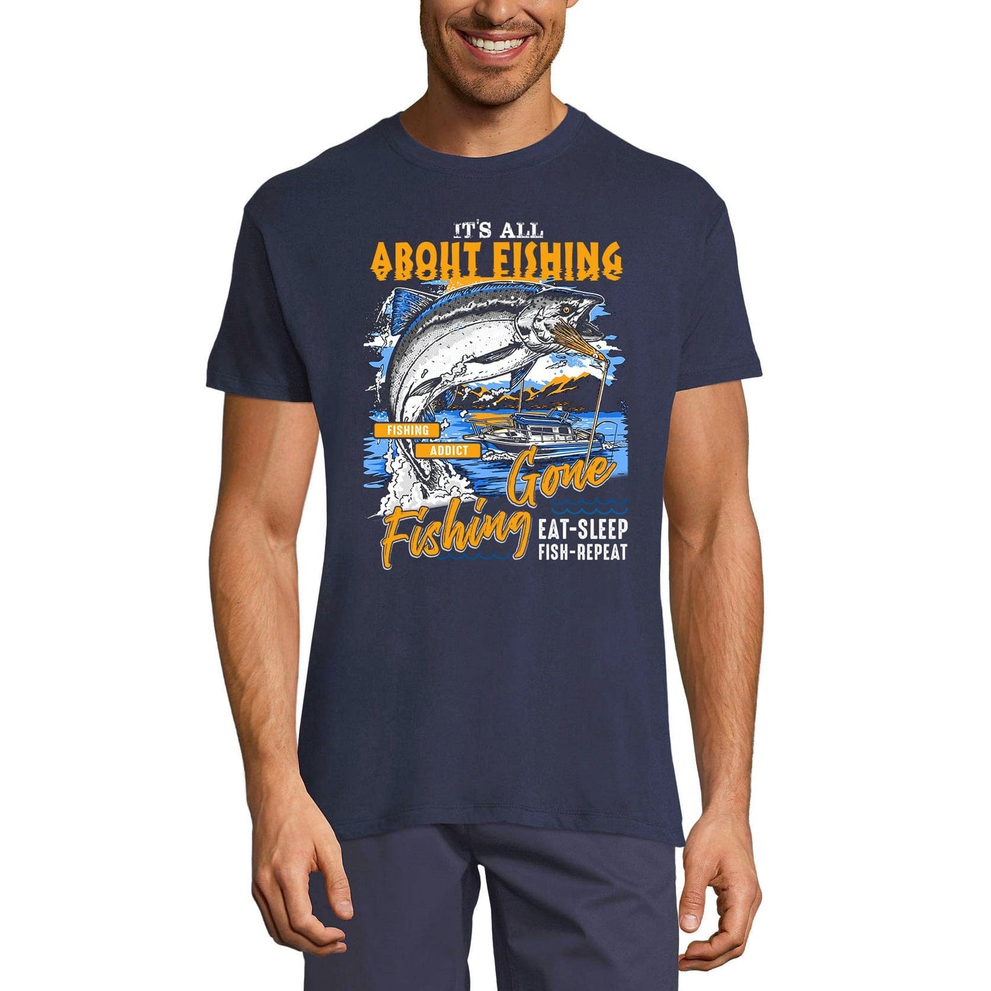 ULTRABASIC Men's T-Shirt It's All About Fishing - Eat Sleep Fish Repeat - Funny Fisherman Tee Shirt