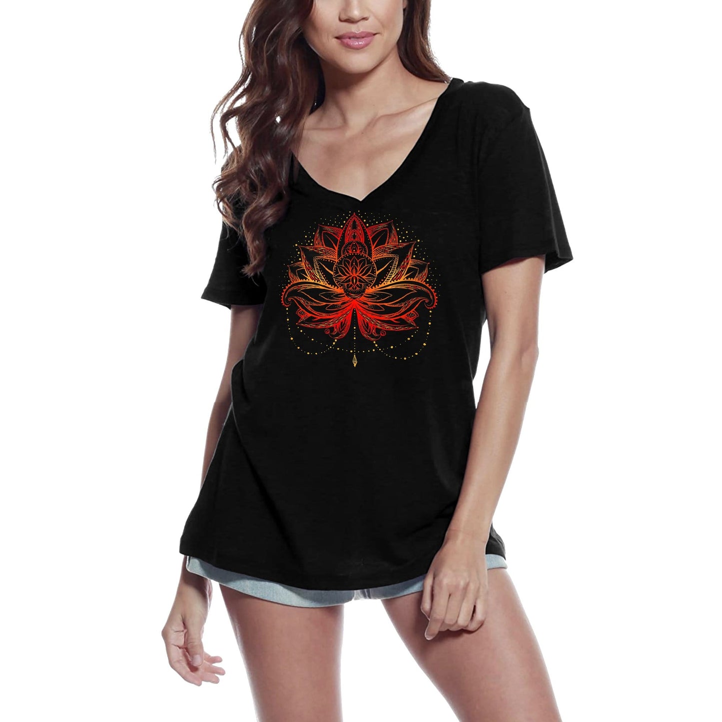 ULTRABASIC Women's V-Neck T-Shirt Lotus Flower Fire - Spiritual Meditation Yoga Gift Tee Shirt