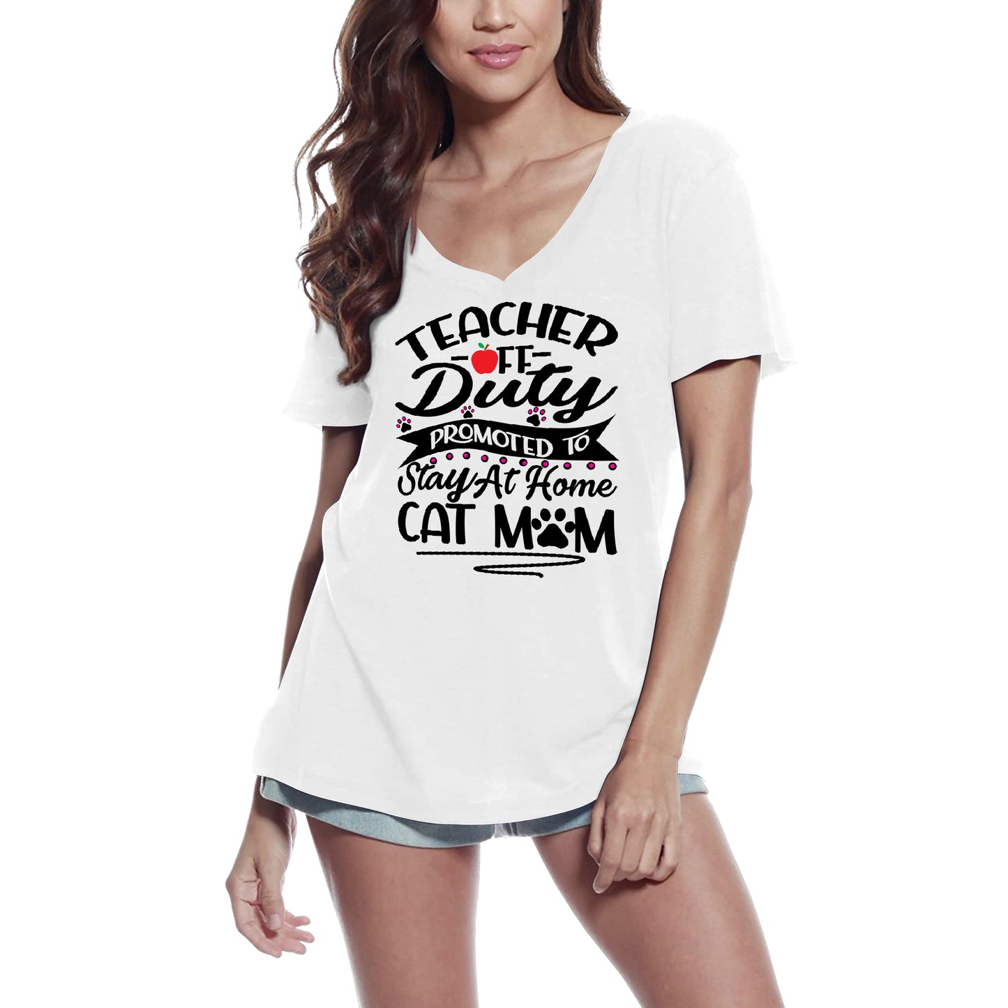 ULTRABASIC Women's T-Shirt Cat Mom - Teacher Off Duty Promoted to Stay At Home - Funny Kitten Shirt for Cat Lovers
