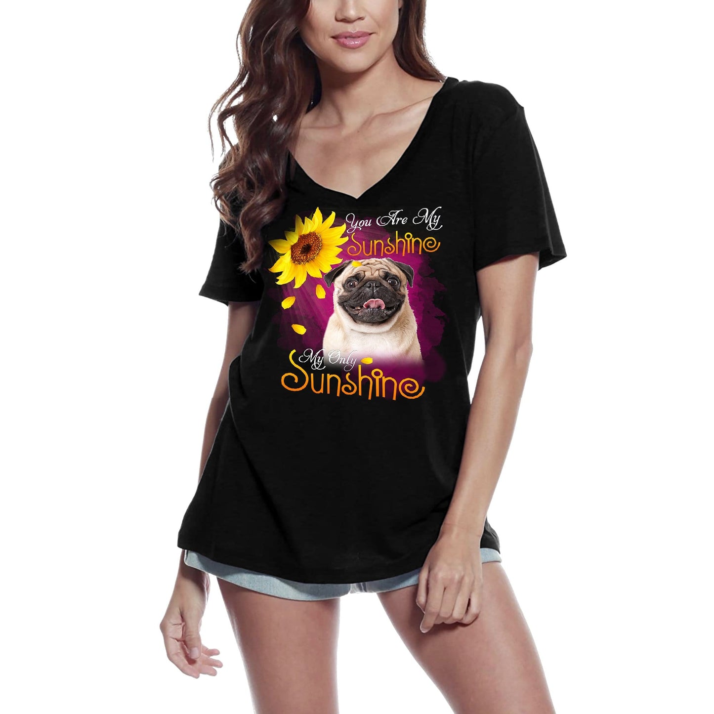 ULTRABASIC Women's V-Neck T-Shirt My Only Sunshine - Pug - Vintage Shirt