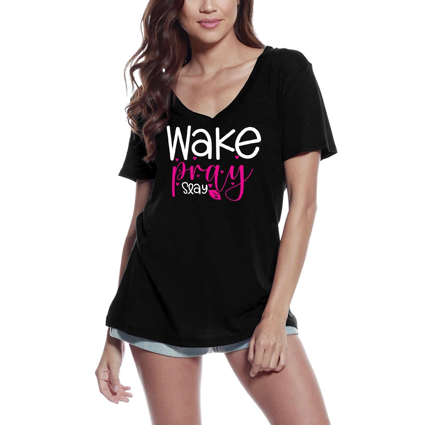 ULTRABASIC Women's Novelty T-Shirt Wake Pray Slay - Funny Vintage Tee Shirt