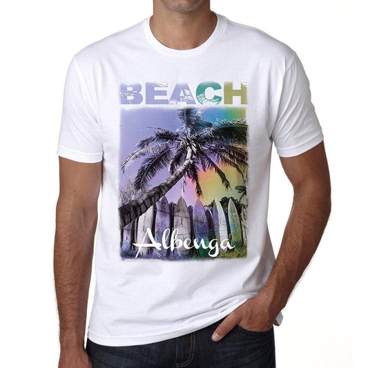 Albenga Beach Palm White Mens Short Sleeve Round Neck T-Shirt - White / S - Casual