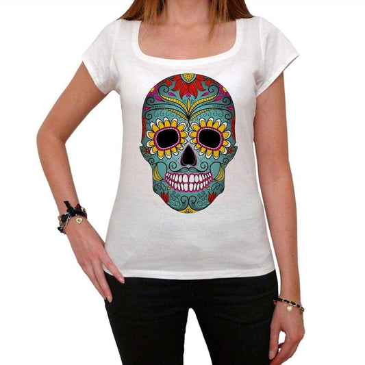 Day Of The Dead Skull Green White Womens T-Shirt 100% Cotton 00188
