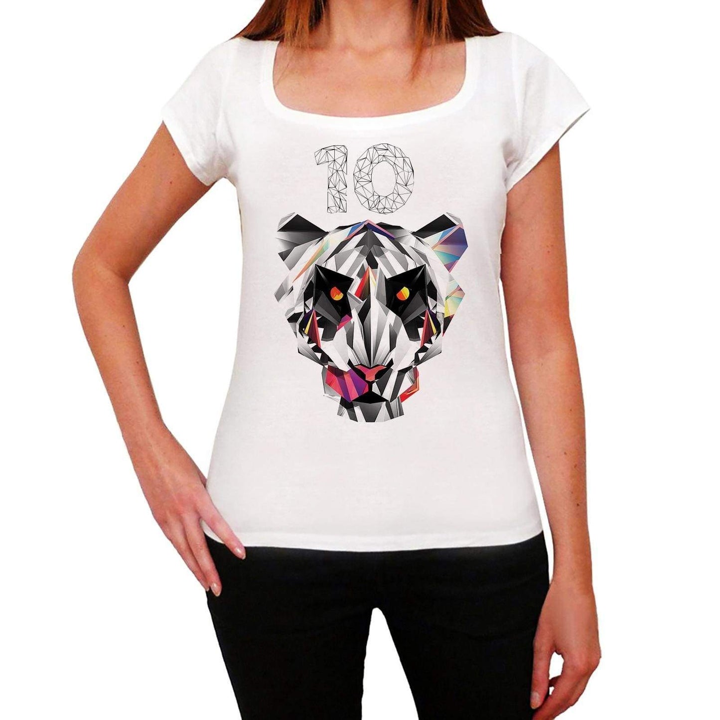 Geometric Tiger Number 10 White Womens Short Sleeve Round Neck T-Shirt 00283 - White / Xs - Casual