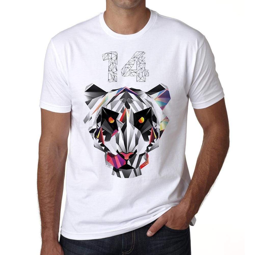 Geometric Tiger Number 14 White Mens Short Sleeve Round Neck T-Shirt 00282 - White / S - Casual