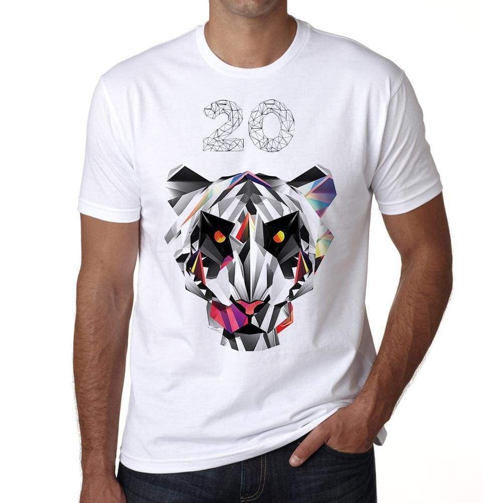 Geometric Tiger Number 20 White Mens Short Sleeve Round Neck T-Shirt 00282 - White / S - Casual