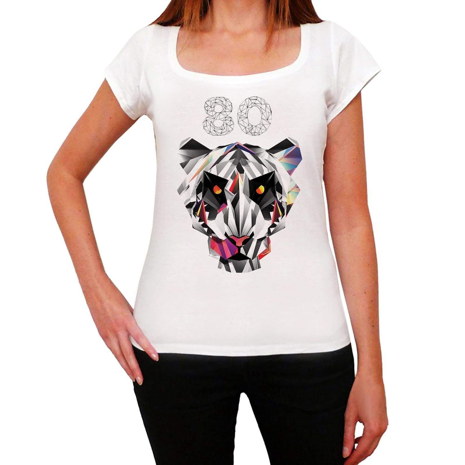 Geometric Tiger Number 80 White Womens Short Sleeve Round Neck T-Shirt 00283 - White / Xs - Casual