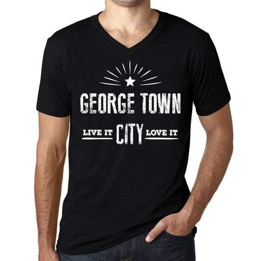 Mens Vintage Tee Shirt Graphic V-Neck T Shirt Live It Love It George Town Deep Black - Black / S / Cotton - T-Shirt