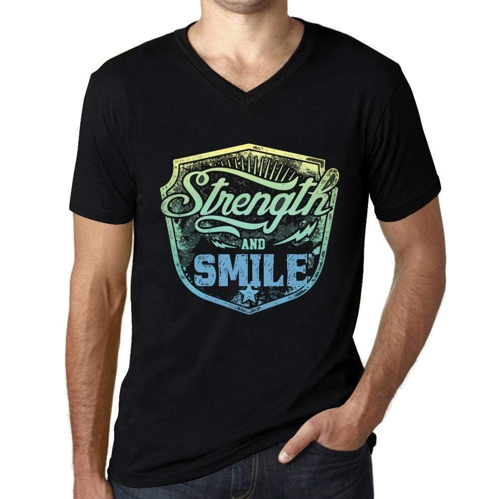Mens Vintage Tee Shirt Graphic V-Neck T Shirt Strenght And Smile Black - Black / S / Cotton - T-Shirt