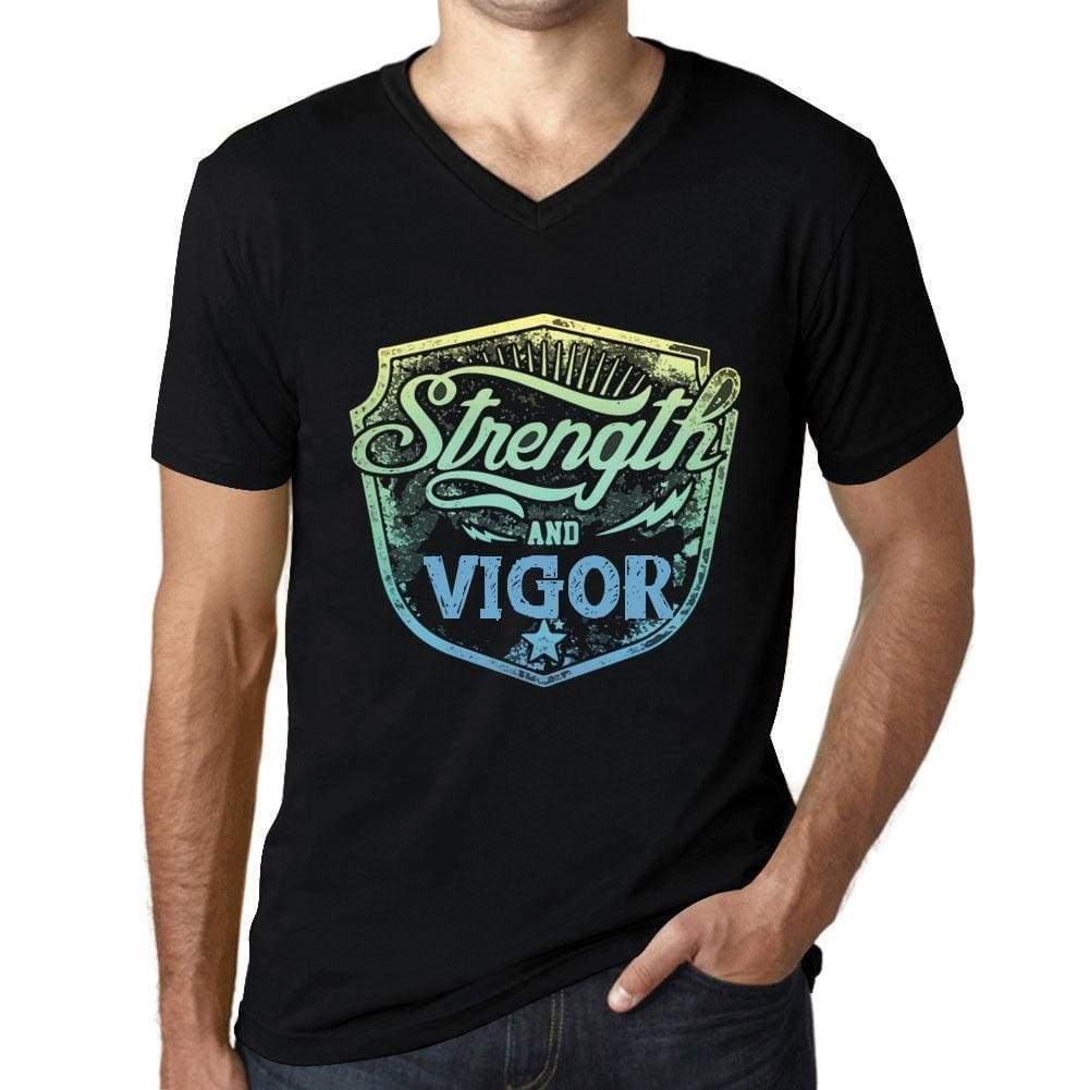 Mens Vintage Tee Shirt Graphic V-Neck T Shirt Strenght And Vigor Black - Black / S / Cotton - T-Shirt