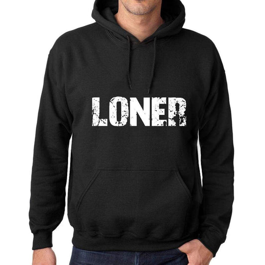 Mens Womens Unisex Printed Graphic Cotton Hoodie Soft Heavyweight Hooded Sweatshirt Pullover Popular Words Loner Deep Black - Black / Xs /