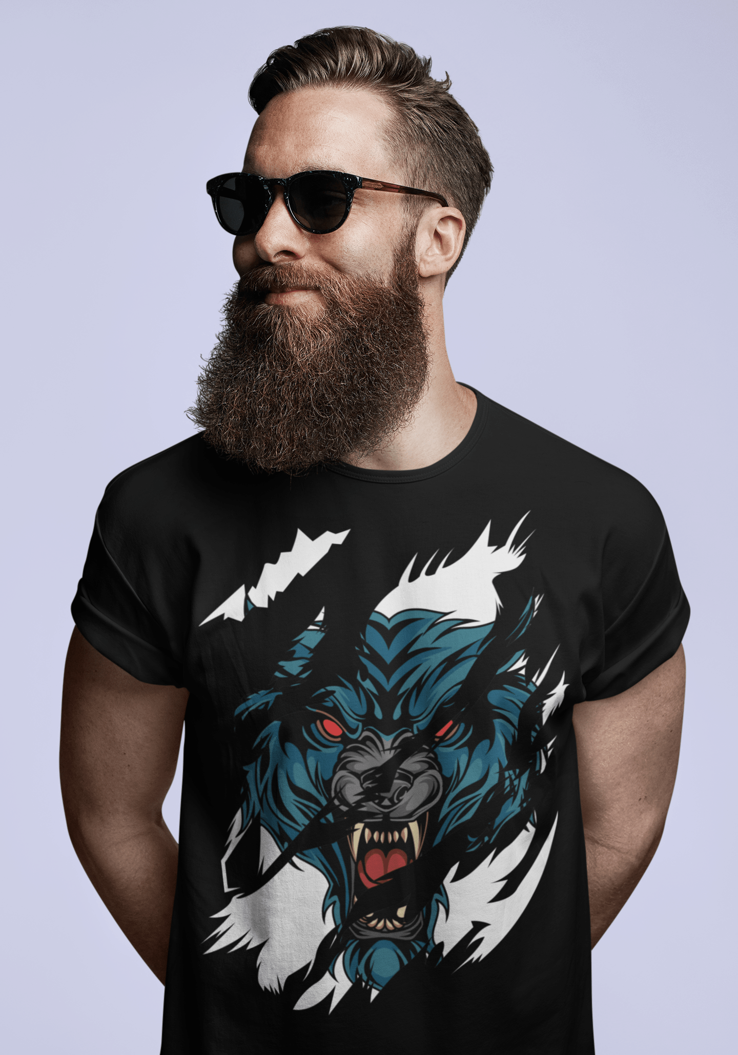 ULTRABASIC Men's Torn T-Shirt Angry Wolf - Red Eyes - Short Sleeve Shirt