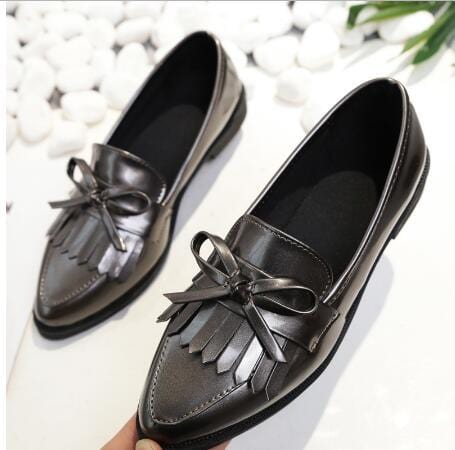 Brand Shoes Woman Casual Tassel Bow Pointed Toe Black Oxford Shoes for Women Flats Comfortable Slip on Women Shoes Free Gift