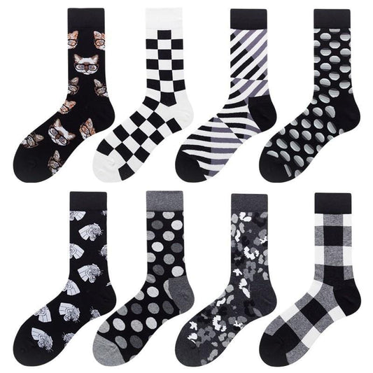 Harajuku Style Men Socks Black White Plaid Dot Cat Pattern Happy Socks New 2020 Hip Hop Combed Cotton Calcetines